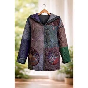 Sacred Threads 100% Silk Quilted Patchwork Hoodie S/M Boho Artsy Art2wear